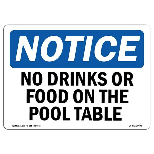 SignMission OS-NS-D-1218-L-14493 OSHA Signe - Pas de Boissons Ou de Nourriture sur la Table de Billard