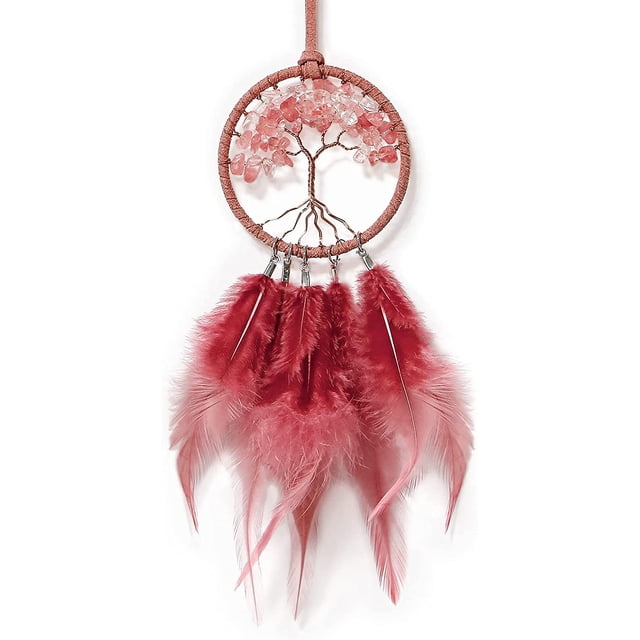 Atrapasueños para espejo retrovisor de coche con cuentas de cristal, árbol de la vida, pequeño atrapasueños para espejo retrovisor, decoración de guardería, 3 pulgadas de diámetro (rojo)