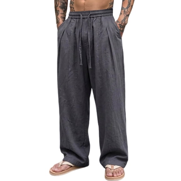 SAWOBUUN Men's Cotton Linen Pants Breathable Wide Leg Trousers Elastic Drawstring Waist Loose Fit Casual Summer Beach Pants