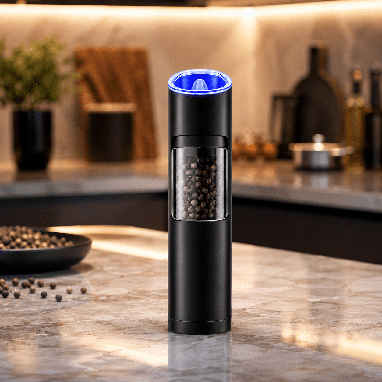 Electric Gravity Salt and Pepper Grinder - Battery-Powered, One-Hand Operation, Adjustable Coarseness, LED Indicator