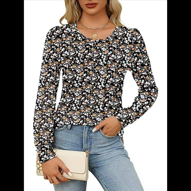 Blusas Plisadas de Larga Abullonada para Mujer, Cuello Redondo, Elegantes, Informales, Holgadas, para Invierno y . Floral Negro M