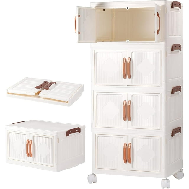 Caja de almacenamiento de 4 niveles, contenedores organizadores plegables de plástico con tapa y ruedas, cajas organizadoras apilables para dormitorio, sala de estar y cocina (transparente-2),blanco