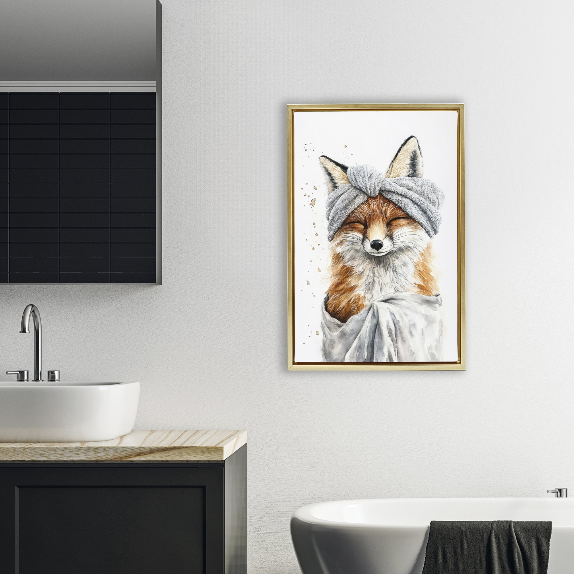 Stupell Industries Bathroom Fox Wrapped in Towel Gold Framed Floater Canvas Wall Art, design by Tina LeCour