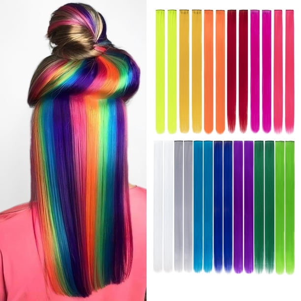 26 paquetes de extensiones de cabello de colores, 20 pulgadas, rectas, multicolores, destacados para fiestas, extensiones de cabello con clip, postizos sintéticos de arcoíris para niñas, regalo para n