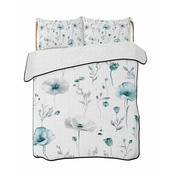 Quilts Full Size Bedding Set, Turquoise Flowers Lightweight Quilted Comforter, Farmhouse Spring Botanical Floral Soft Reversible Bedspread Coverlet with Pillow Covers for All Season, 78" x 90"