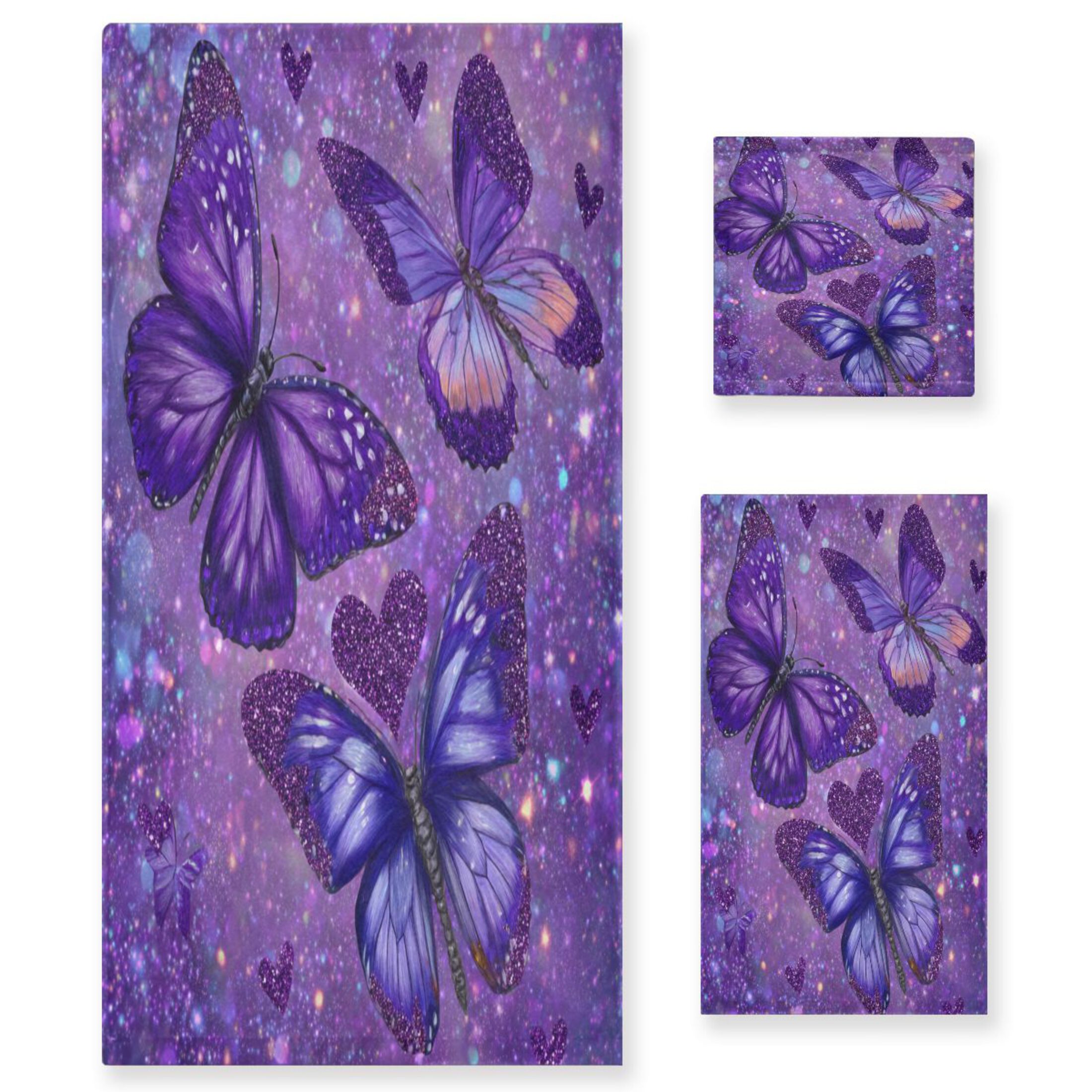 3 Sizes of Towel Sets Including Bath Towel Hand Towel and Washcloth for Daily Use Shimmering Purple Butterflies