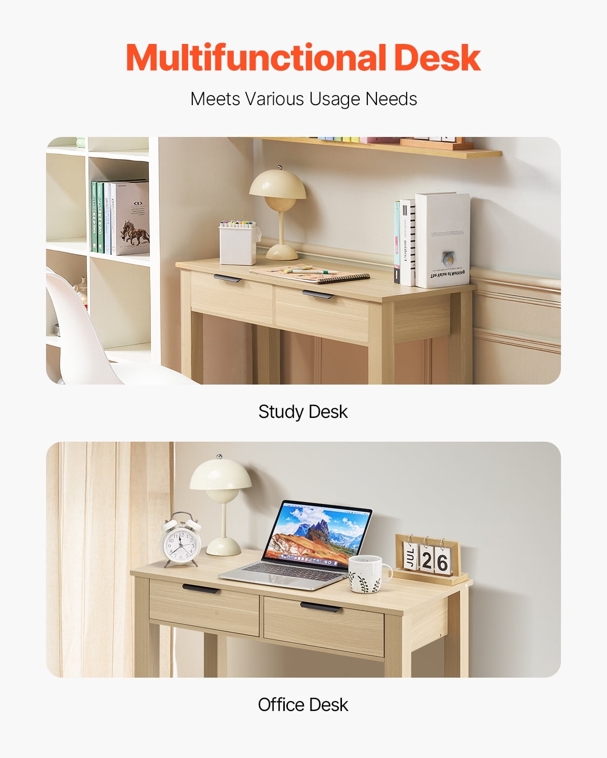 KFFKFF Study Desk with Storage, Kid's Desk Made of High Quality MDF Board, Small Desk with 2 Drawers for Studying, Reading, Painting, Contemporary Minimalist Style Desk