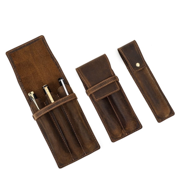 Hiram 3-slots Pen Leather Pouch, Vintage Flap & Loop Travel Pen Case, Slim & Lightweight, Coffee