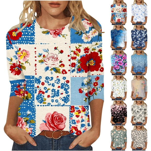 JTZGDY Boho Floral Tops for Women Plus Size Trendy Fall 3/4 Length Sleeve Crewneck Printed T-Shirts Loose Lightweight Dressy Casual Graphic Tunic Blouse