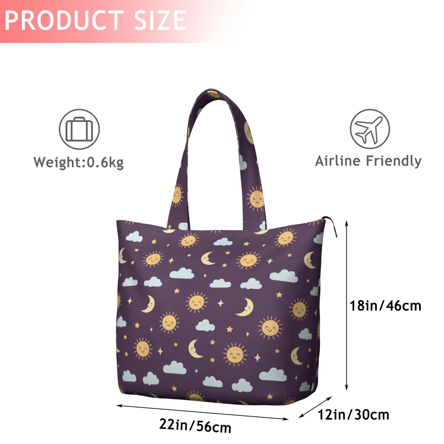 Purple Sun Moon Star Cloud Pattern Travel Tote Bags for Women Carry On,Large Weekender Bags for Women Travel,Multi Functional Duffle Bag for Work,Shopping,Sports