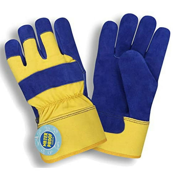 12-Pack of Cordova 7465M Blue Split Leather Palm Work Gloves, Yellow Canvas Back, Rubberized Safety Cuff, Thinsulate & Waterproof Lining, Medium