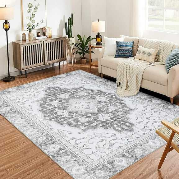 EastVita Area Rugs Carpets Washable Vintage Floral Area Rug 9*12- Non-Slip Print,Non-Shedding,Soft Foldable Carpets for Dining Room,Bedroom,Living Room,Kitchen Entryway,Grey Gray tone 9*12ft