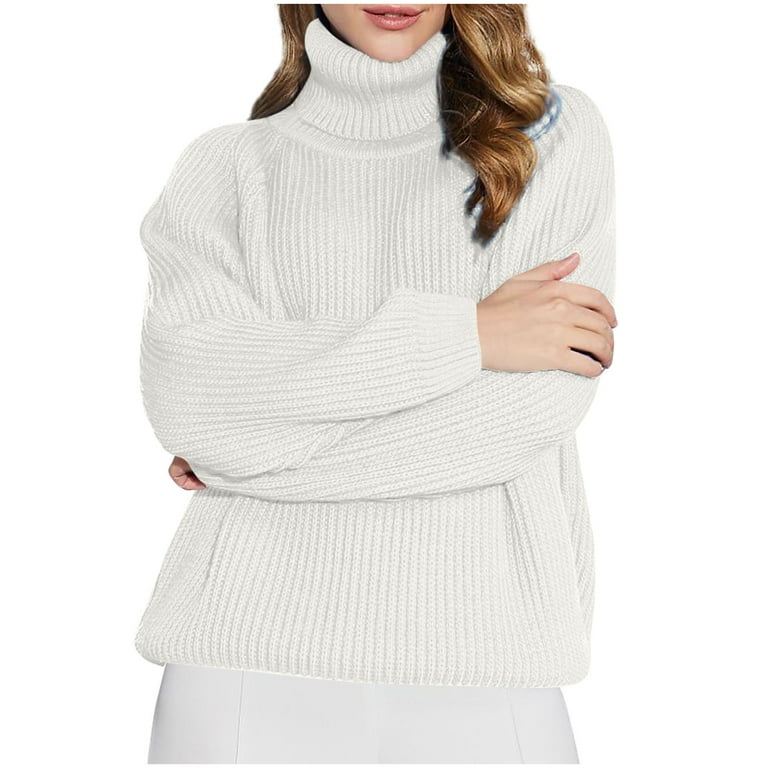 Teyfeniy White Trendy Turtleneck Sweater for Women Thermal High