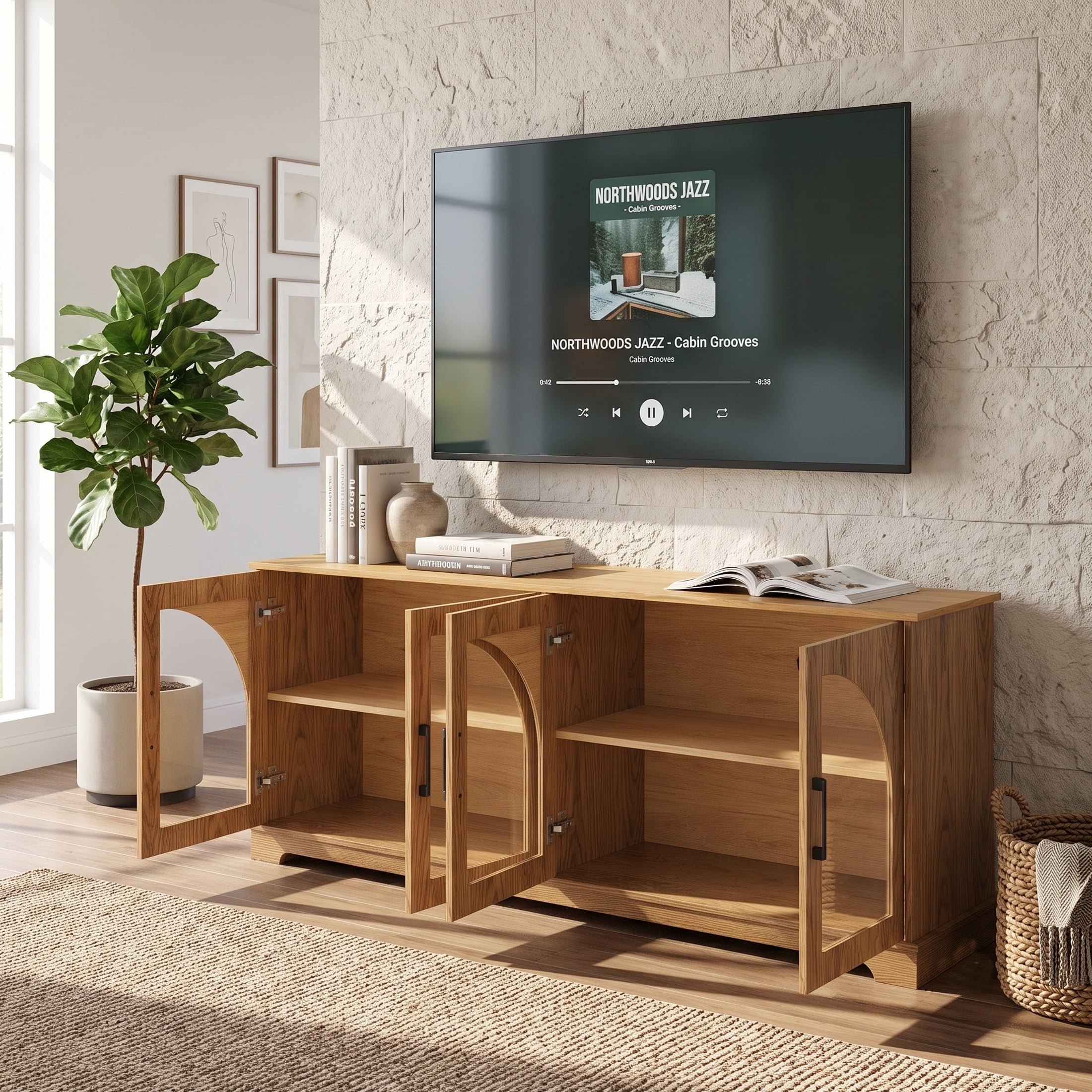 Homy Casa 67" Two-Tone TV Stand for TVs up to 70", Tempered Glass Doors and Storage Cabinet, Brown