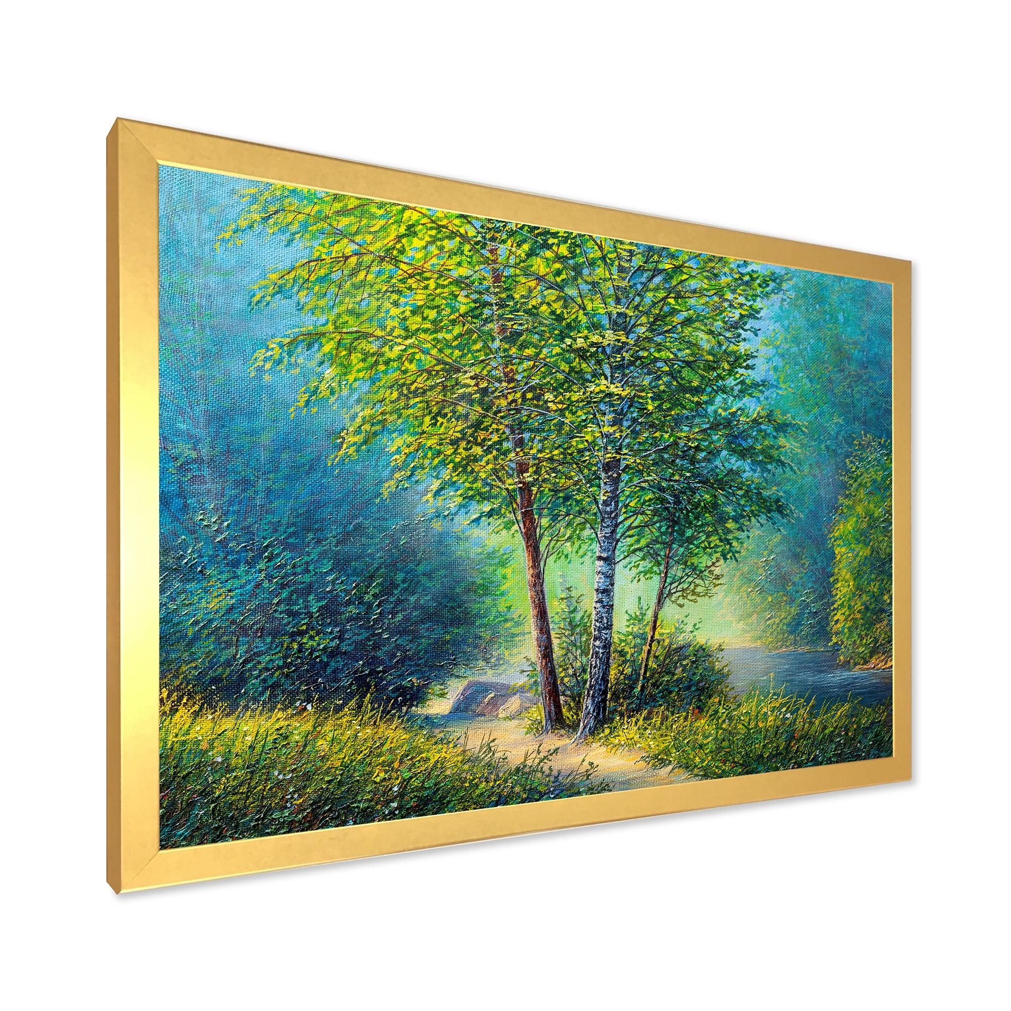 Designart 'Three Vibrant Green Trees By The River' Lake House Framed Art Print