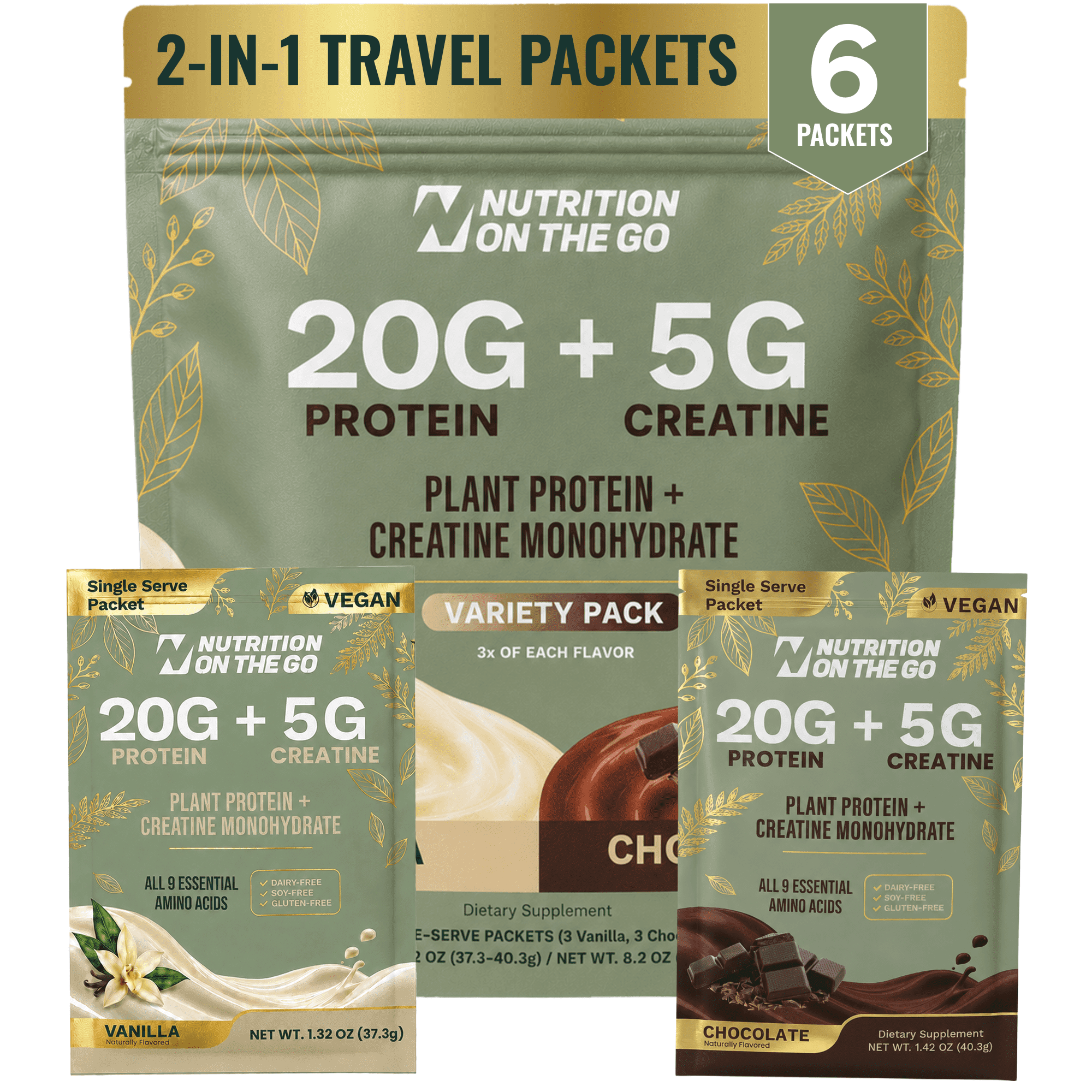Nutrition On The Go Vegan Protein + Creatine Travel Packets, Variety, 6 Count