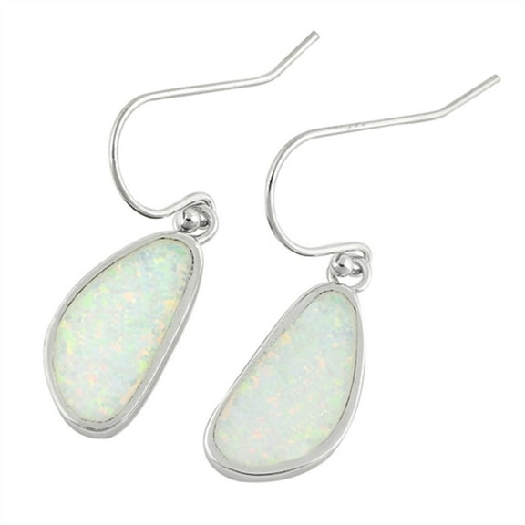 White Synthetic Opal Dangling Stone Shape Fishhook Earring Sterling Silver