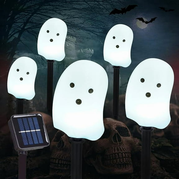 Solar Halloween Ghost Pathway Lights, 10 Pack Ghost Stake Lights with Pumpkin Design, Durable Waterproof Outdoor Halloween Decoration for Garden, Walkway, and Yard (Cold White)
