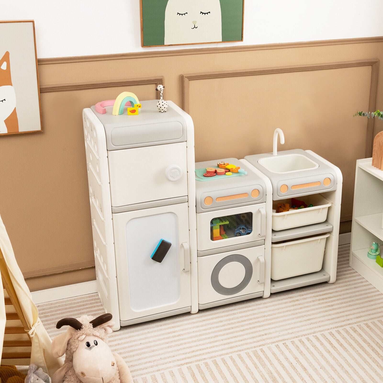 Amijoy Children's Toy Storage Cabinet, Multifunctional Toy Box And Bookshelf With Magnetic Whiteboard, Enclosed Storage Box