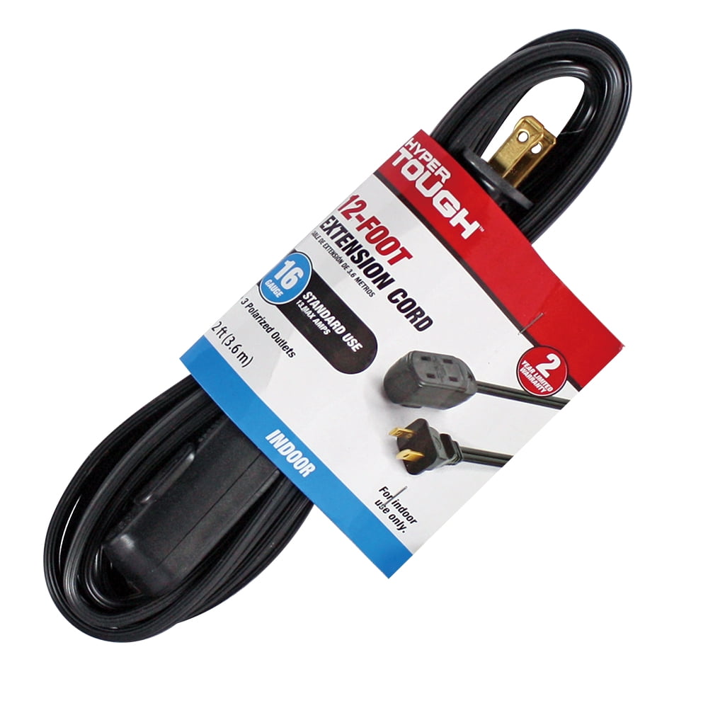 Hyper Tough 12ft 16awg 2 Prong Black Indoor Use Household Extension Cord Walmart Com Walmart Com