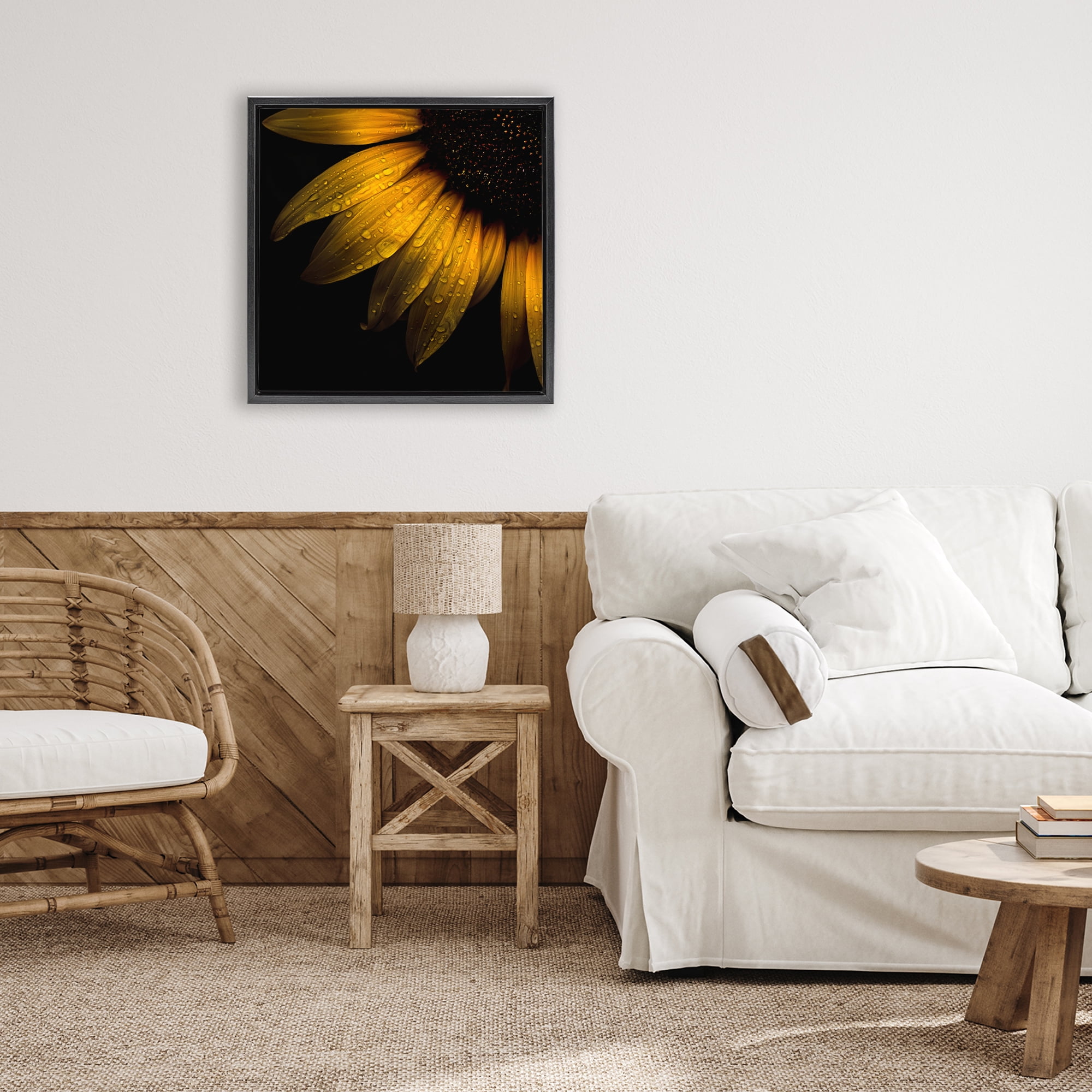 Sunflower Detail with Droplets Black Framed Floater Canvas Wall Art, design by Brian Carson Photography