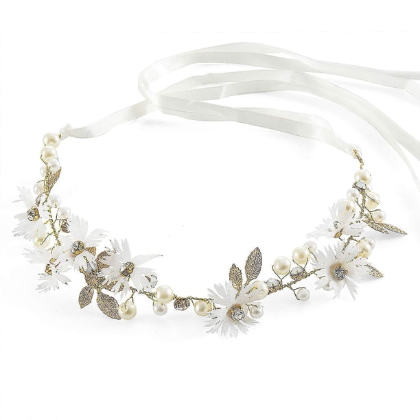 Diadema de flores, corona de flores nupciales con hojas artificiales, flores y perlas, accesorios para el cabello de boda para mujeres y niñas