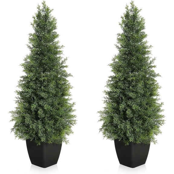 2 Pack 3FT Artificial Cedar Topiary Trees, UV Resistant Bushes Potted Pine Trees for Front Porch Garden, Faux Shrubs Plants