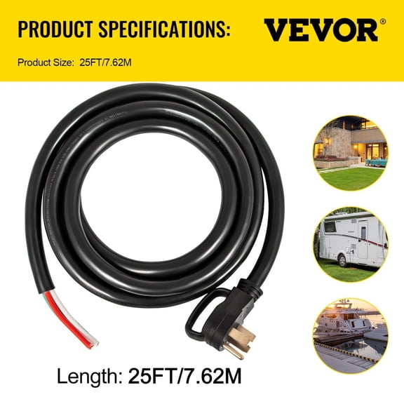 25Ft 50Amp Generator Extension Cord - 6 Gauge STW 6/3 8/1 Pure Copper, N14-50P to Bare Wire 12500W 110V for RV Motor Home Portable Generator (Indoor Outdoor Use)