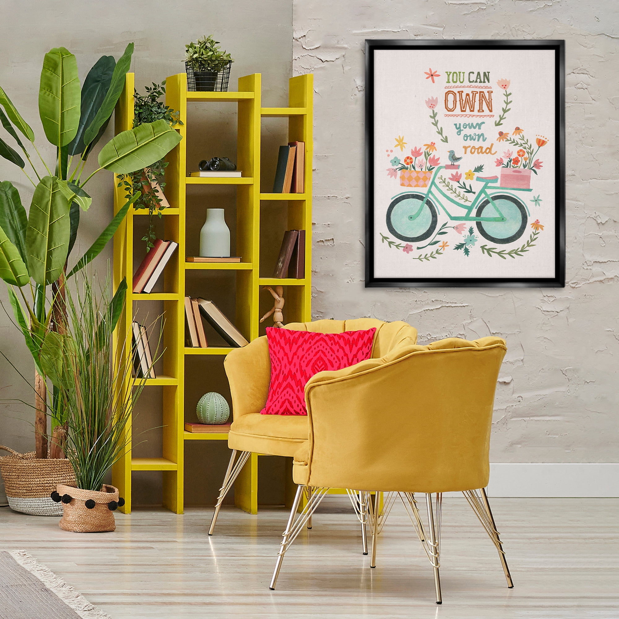 Stupell Industries Own Road Phrase with Bicycle Transportation Painting Black Floater Framed Canvas Art Print Wall Art, 25 x 31