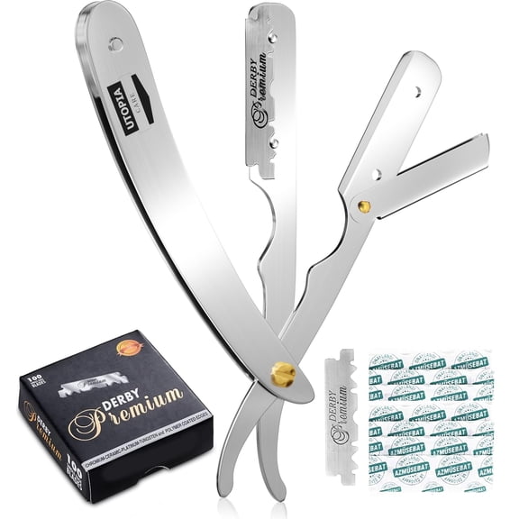 Utopia Care Straight Razor for Men, Safety Straight Edge Razor, Includes 100 Blades, Silver