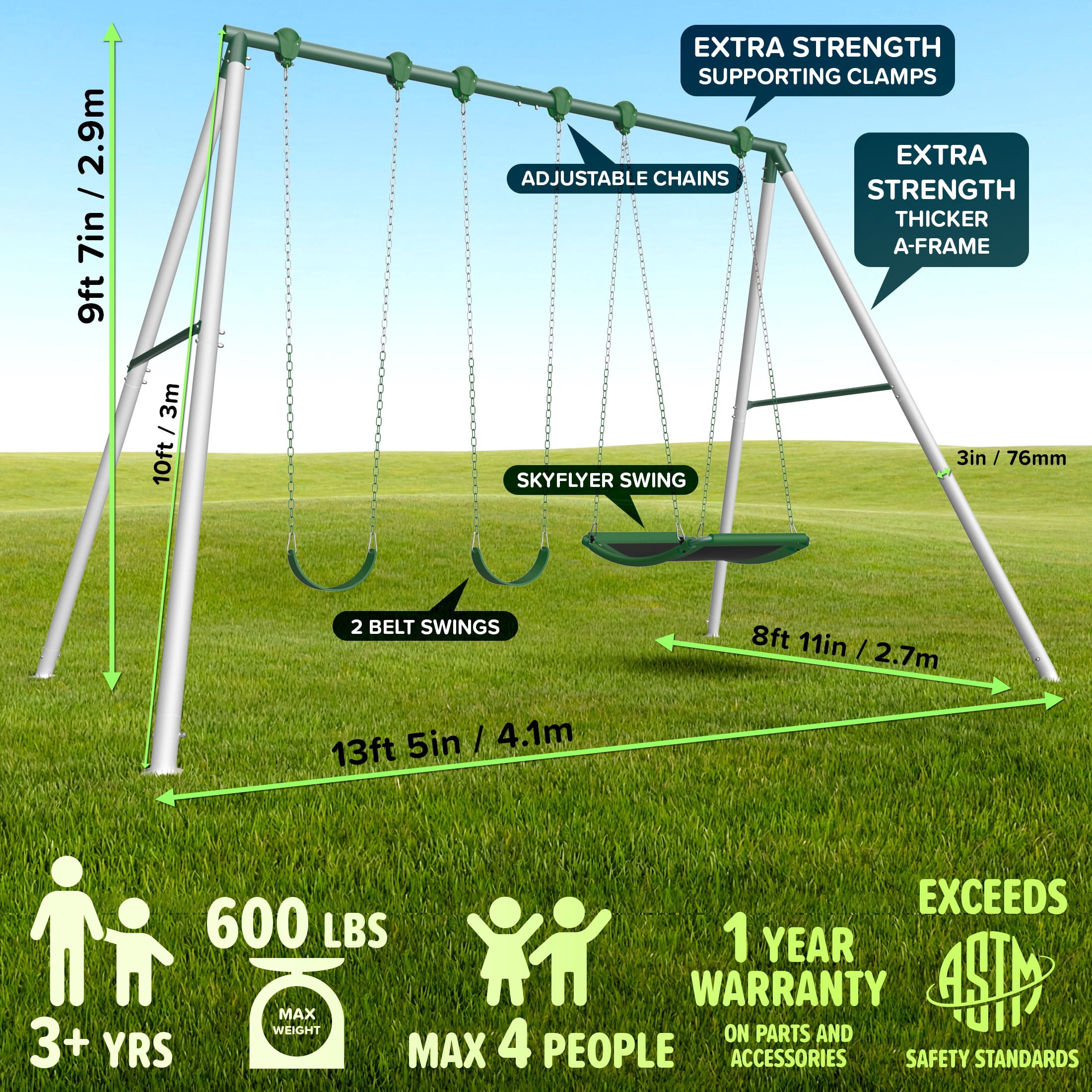 Sportspower Rainer 9.5ft Metal Swing Set for Kids and Adults, Heavy Duty Backyard Playset with 2 Sling Swings & 2-Person Skyflyer, Green/White