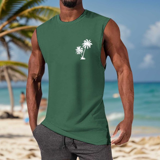 HUITKMM Mens Compression Tank Top Summer Fashion Men's Vest Coconut Pattern Shoulder Design Minimalist Style Sleeveless Top