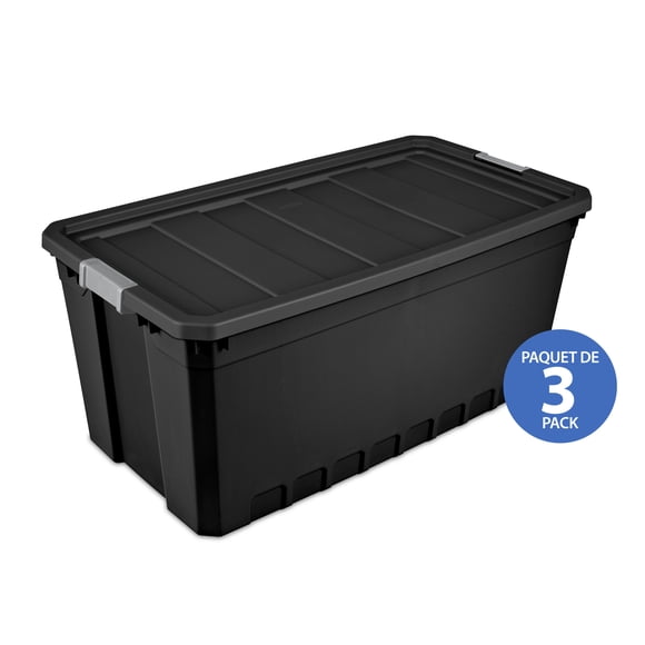 Sterilite 189 Liter Stacker Tote, Extra-Large Durable Plastic Bin with Latch Lid, Black - 3 Pk
