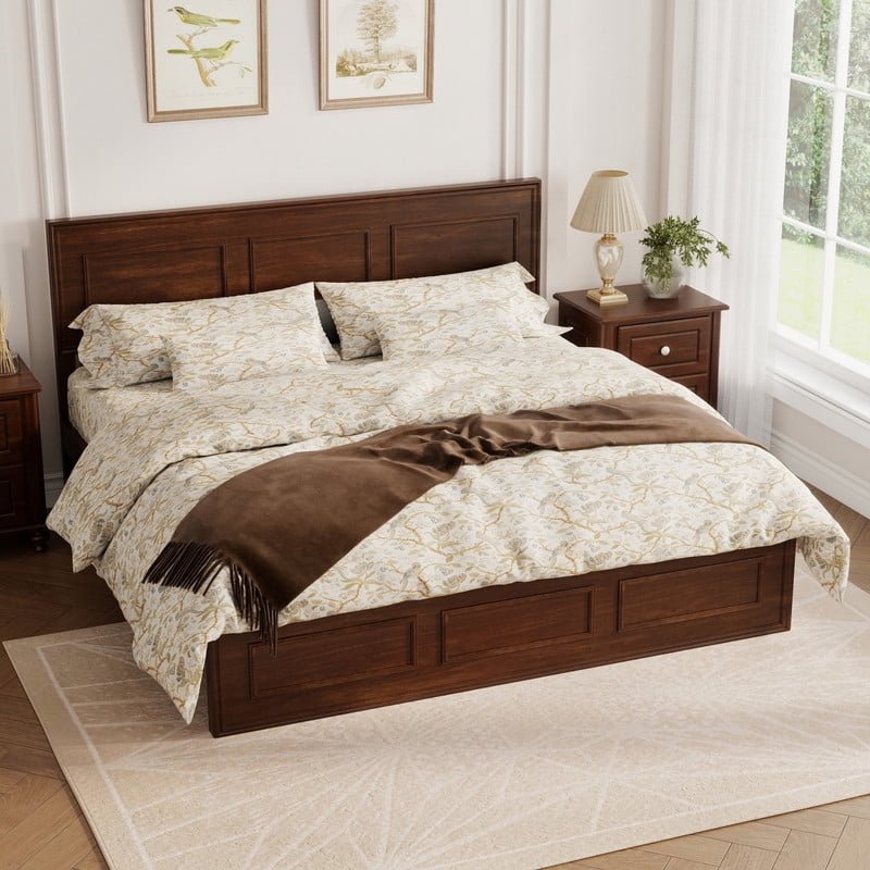 Vintage Queen Size Platform Bed with Adjustable Height Headboard, Wooden Low-Profile Bed Frame with Under-Bed Storage