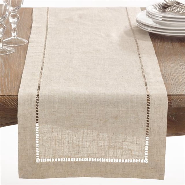 SARO 72 in. Rectangle Hemstitched Linen Blend Table Runner - Natural