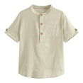 thumbnail image 4 of Langwyqu Short Sleeved Solid Color Boys Henley Blouse Children Button Tops With Pocket For 3-14 Years, 4 of 5