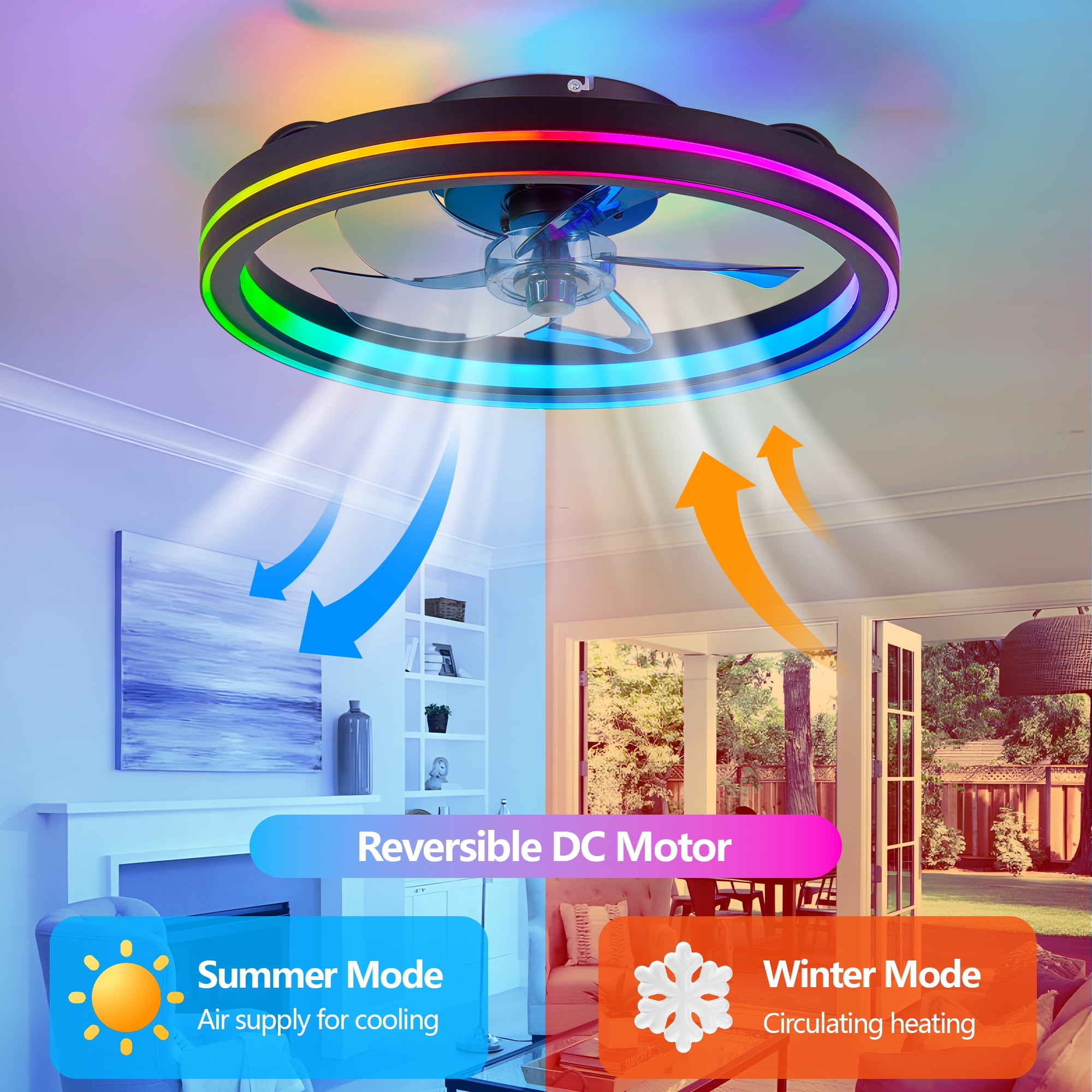 Miniyam 19" RGB Ceiling Fan with Lights and Remote Control, 6 Speed Low Profile Ceiling Fans with Lights, 3 CCTS Modern Bladeless Fandelier, Black