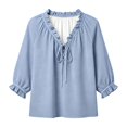 thumbnail image 5 of BODOAO Boho Peasant Blouse for Women, Ruffle V Neck Lace Up Front Top with 3/4 Balloon Sleeves, Textured Flowy Loose Fit Shirt for Summer Beach Vacation and Weekend Outfits Light Blue L, 5 of 5