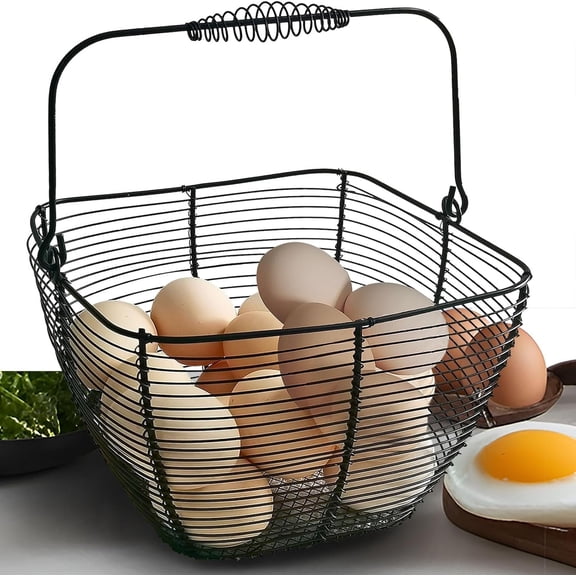 TEXIJUSO Black Square Wire Egg Basket For Fresh Egg with Handle,Farmhouse Small Metal Egg Collecting Basket for Gathering Fresh Eggs Chicken Basket Decor for Kitchen Countertop Rustic Style