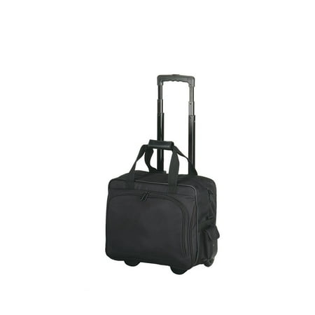 - Black Rolling Computer Case (Brief w/ Wheels), • Made of 600D polyester • Foam padded sleeve for laptop in main compartment • 3 large open pockets and an accordion file • A zip down organized pocket