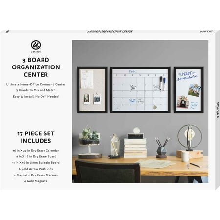 U Brands Dry Erase Calendar and Bulletin 3 Board Set, Black MDF Frame, 3206U