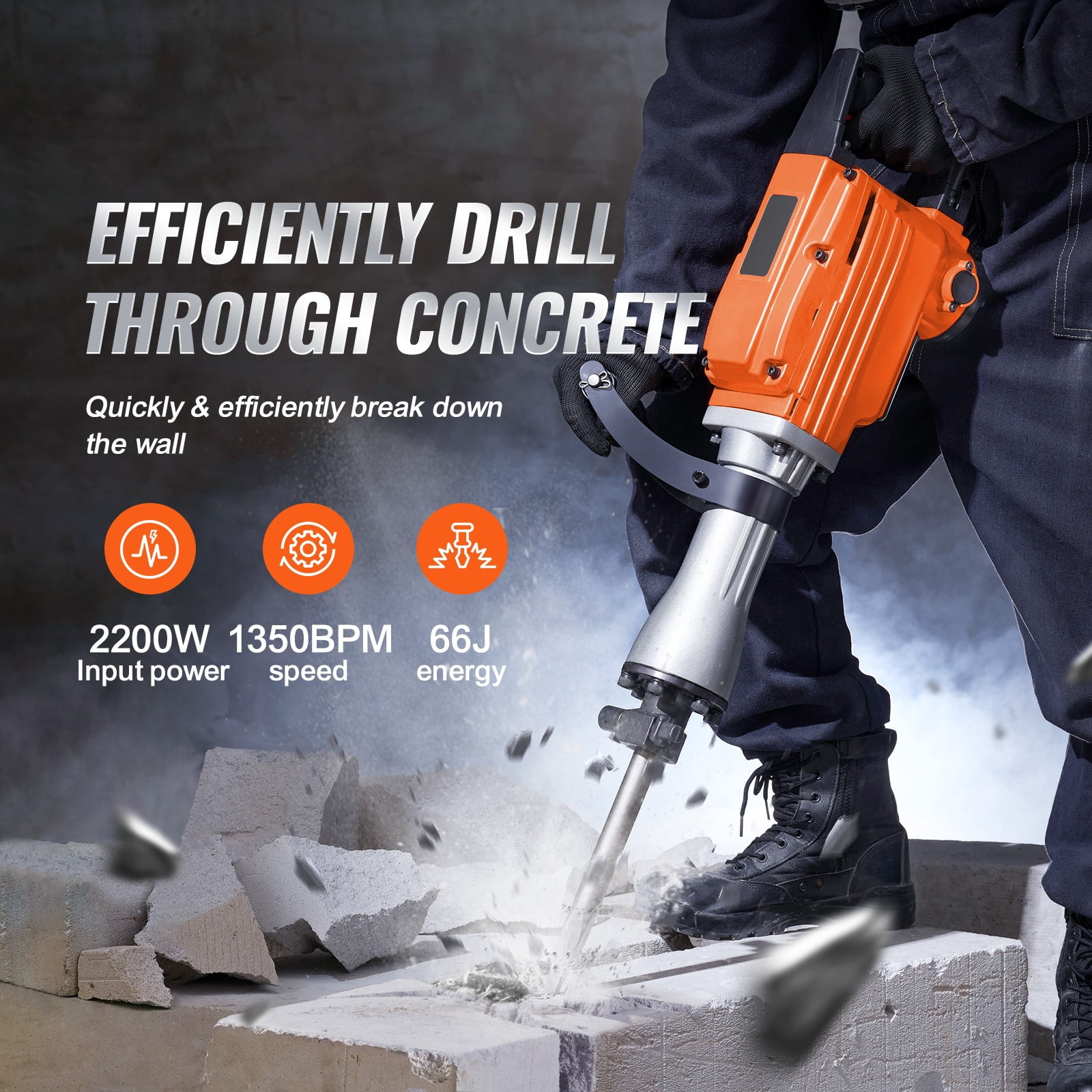 KFFKFF Demolition Jack Hammer, 2200W Electric Power Drill, 1350 BPM Cement Shatterer, Dual Chisels Bit Chipping Included with Protective Case