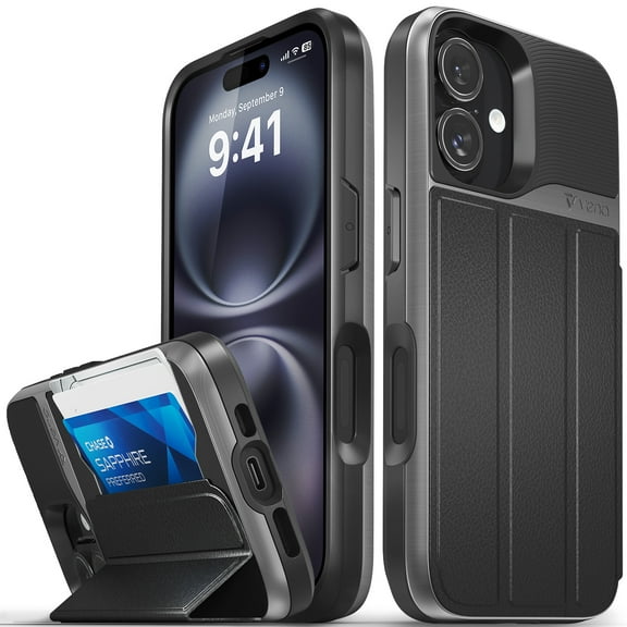 Vena vCommute Wallet Case Compatible with Apple iPhone 16 (6.1"), (Military Grade Drop Protection) Flip Leather Cover Card Slot Holder with Kickstand - Space Gray / Black
