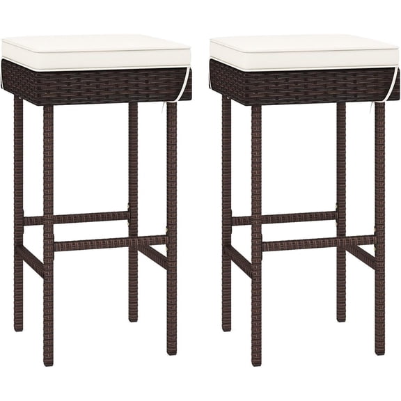 WJSP Patio Bar Stools Set of 2, Outdoor Rattan Bar Chairs with Cushion, Steel Frame and Footrests, PE Wicker Bar Stools for Backyard Poolside Garden