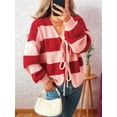 thumbnail image 6 of Women'S Loose Casual V-Neck Long-Sleeved Sweater Jacket Striped Contrast Lace-Up Knitted Cardigan Red XL, 6 of 9