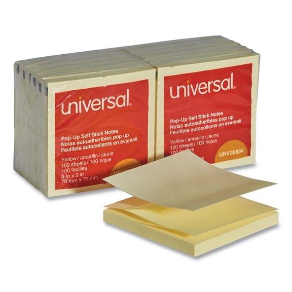 Universal® Fan-Folded Pop-Up Notes, 3" x 3", Yellow, 100 Sheets Per Pad, Pack Of 12 Pads