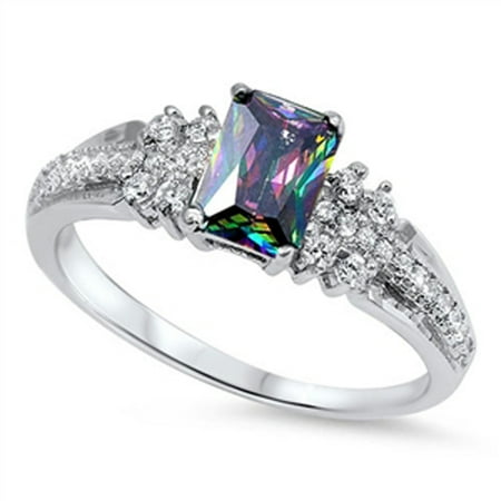 Simulated Emerald Cut Rainbow Simulated Topaz Wedding Ring ( Sizes 4 5 6 7 8 9 10 11 ) .925 Sterling Silver Band Rings by Sac Silver (Size 6)