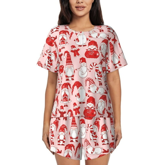 Logiee Gnome Merry Christmas Print Womens Pajamas Set,Short-Sleeve Pajama 2 Piece Sleepwear with Pockets-Small
