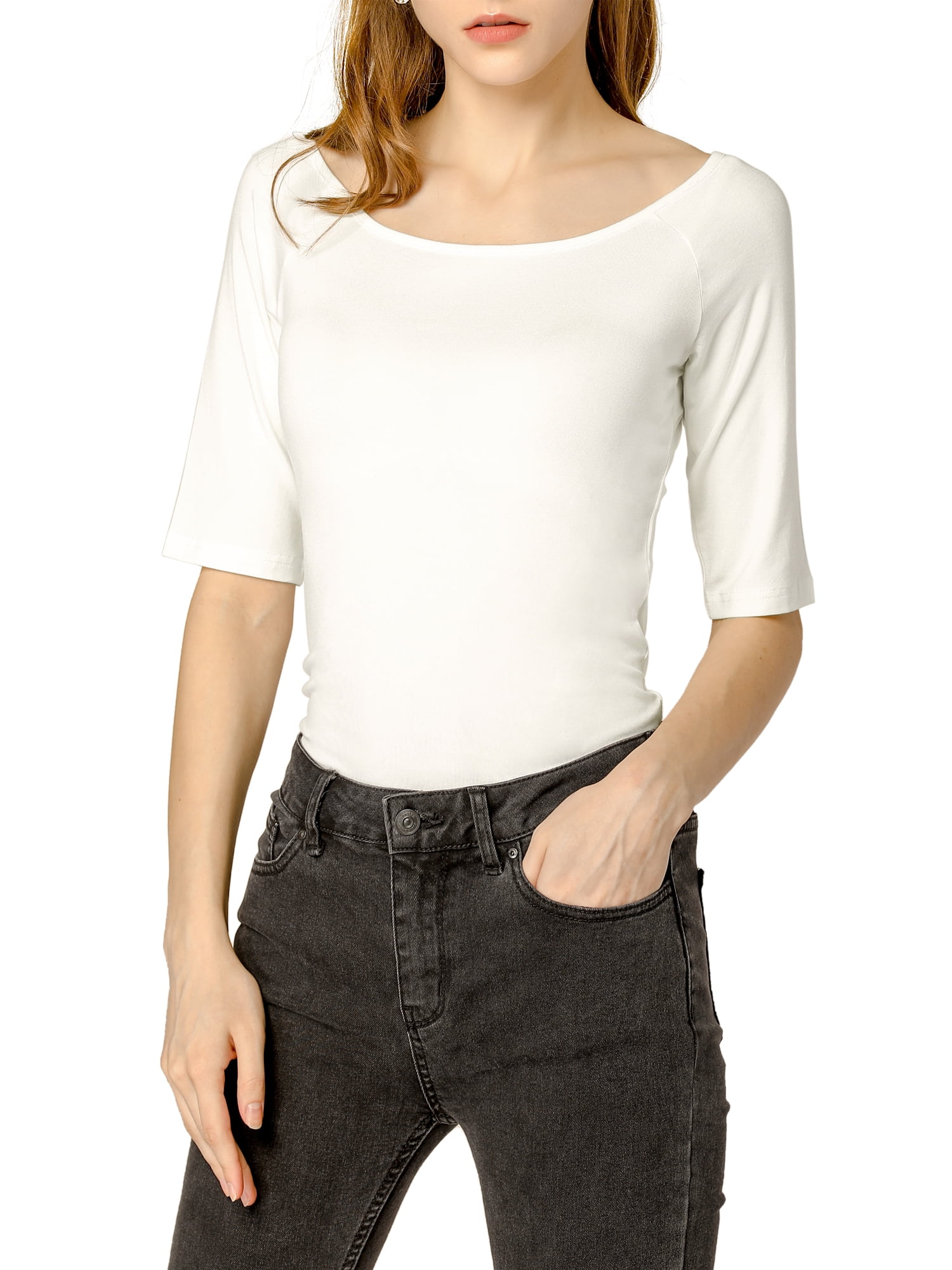 DARING DIVA Women's Slim Fit Pullover Boat Neck Stretchable T-Shirt L Beige