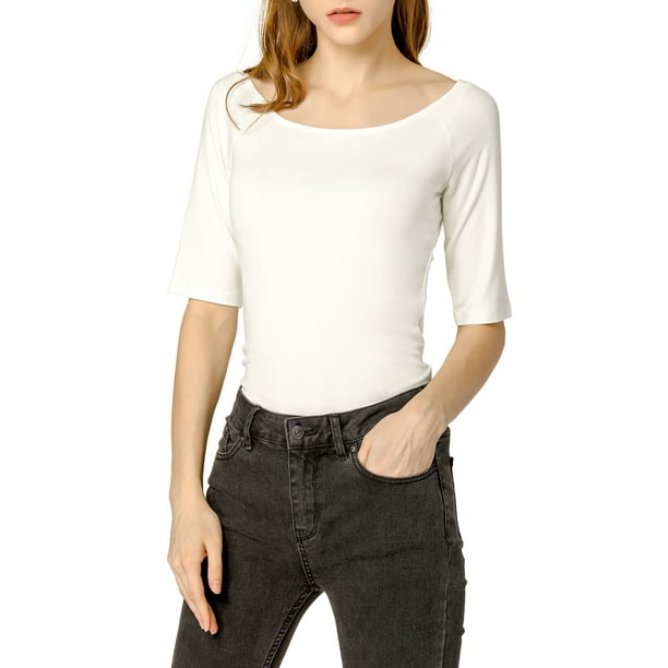 Inspire Chic Conjunto para el Día de la Madre Camisetas de Cuello Barco para Mujeres de Manga Corta Ajustadas Capa Suave T-Shirt L Beige